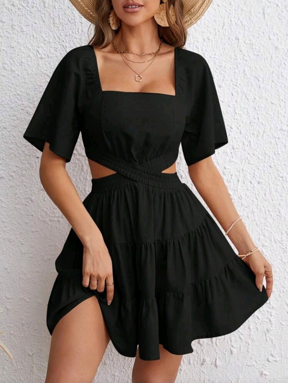 NWOT SHEIN VCAY Black Cut Out Waist Ruffle Hem Dress (XL)